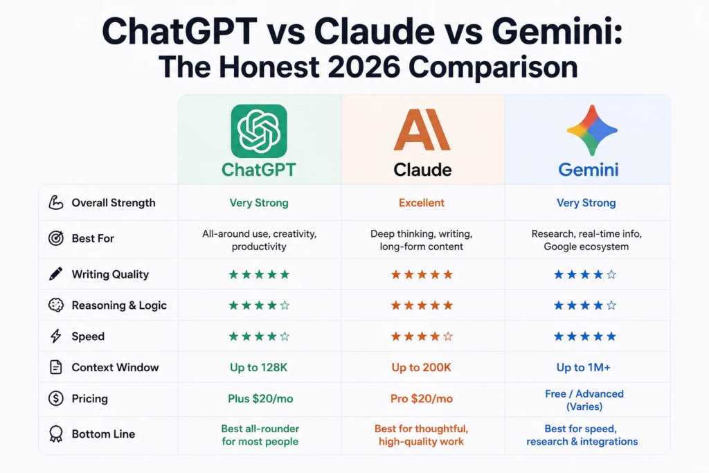 ChatGPT vs Claude vs Gemini The Honest 2026 Comparison