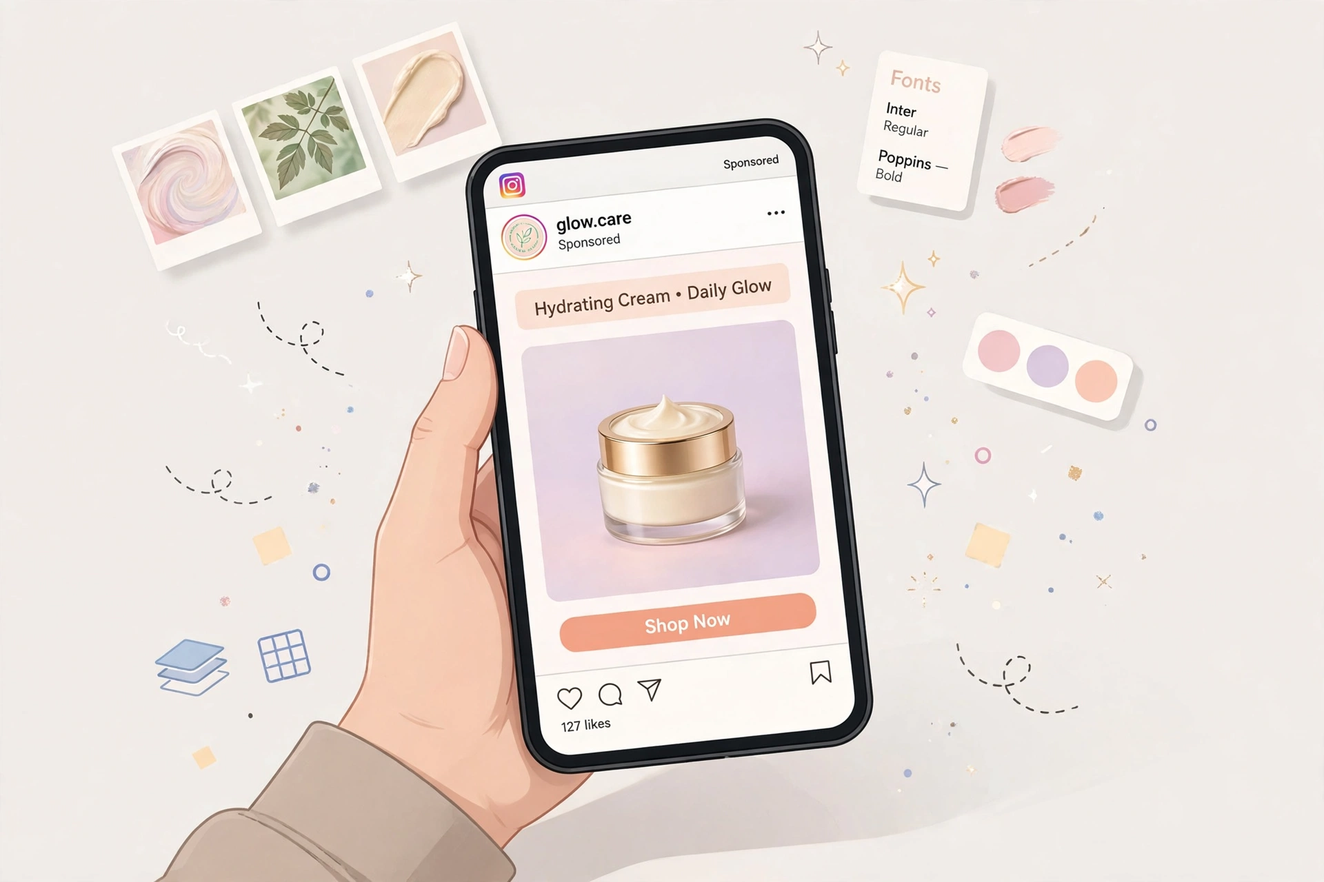 Hand holding a smartphone showing an Instagram ad creative mockup with product photo and Shop Now button