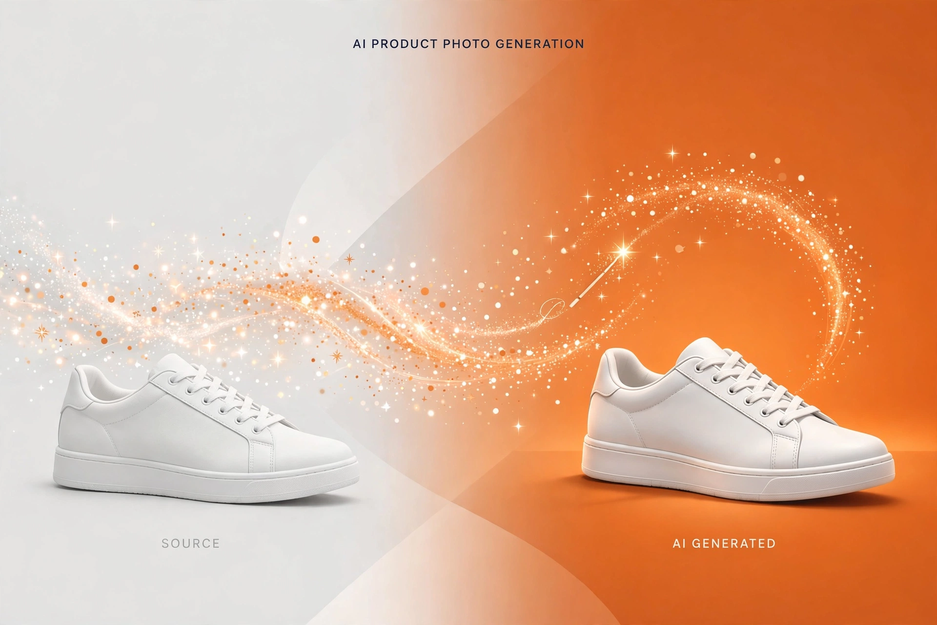 AI transforming a plain sneaker photo into a polished studio product shot for advertising