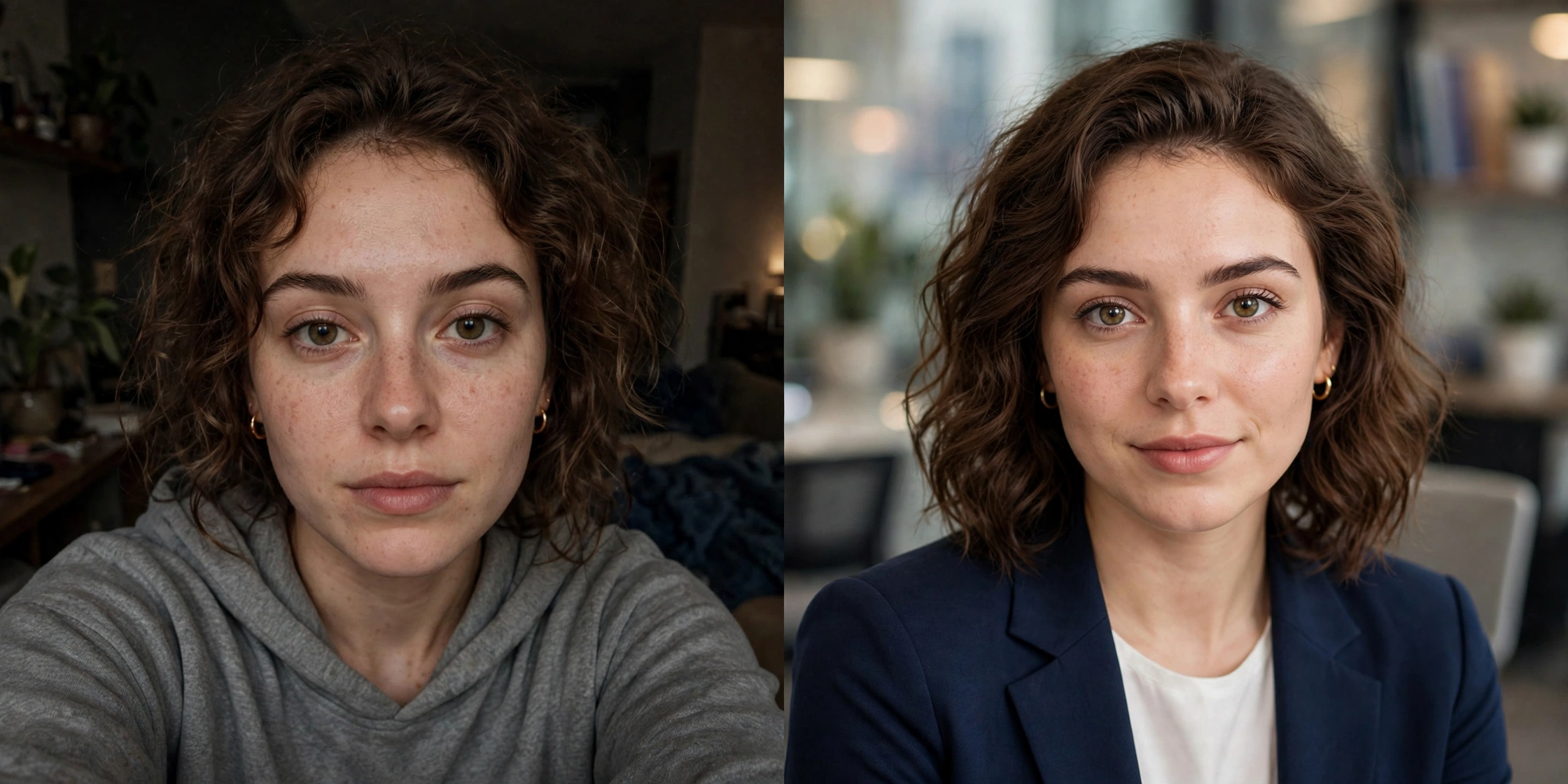 Side-by-side comparison of selfie and AI-enhanced professional headshot