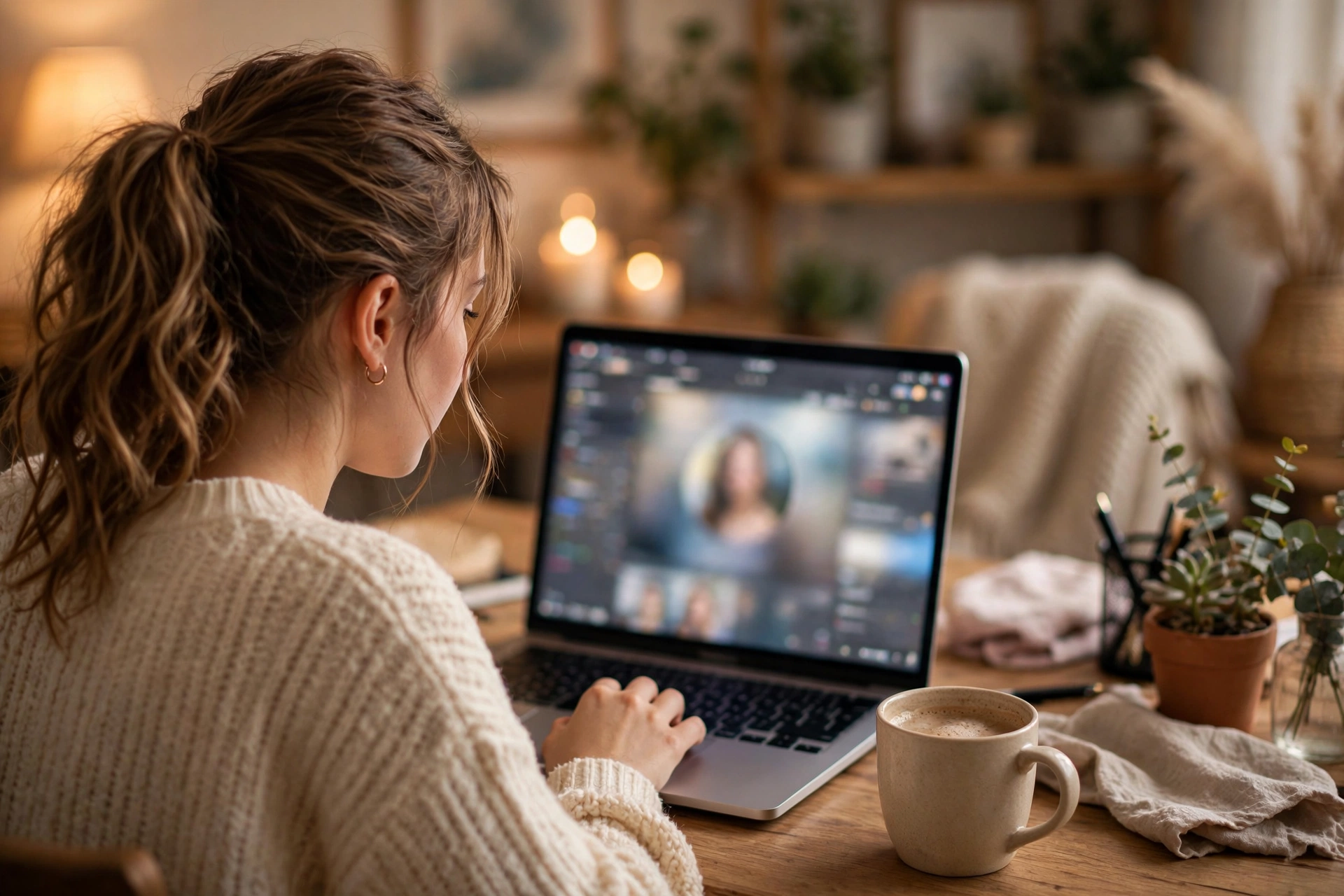 Woman updating her LinkedIn profile photo on a laptop