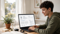 Young graduate building a resume with an AI resume builder on a laptop