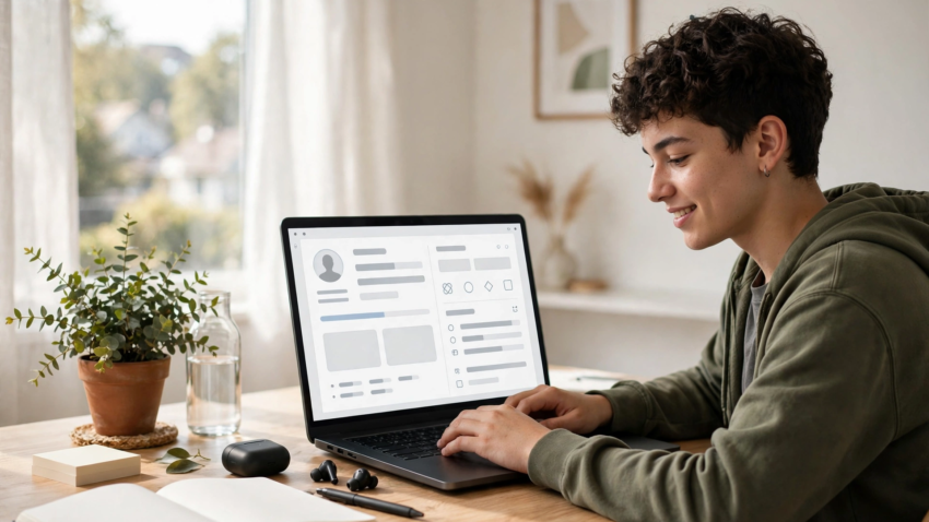 Young graduate building a resume with an AI resume builder on a laptop
