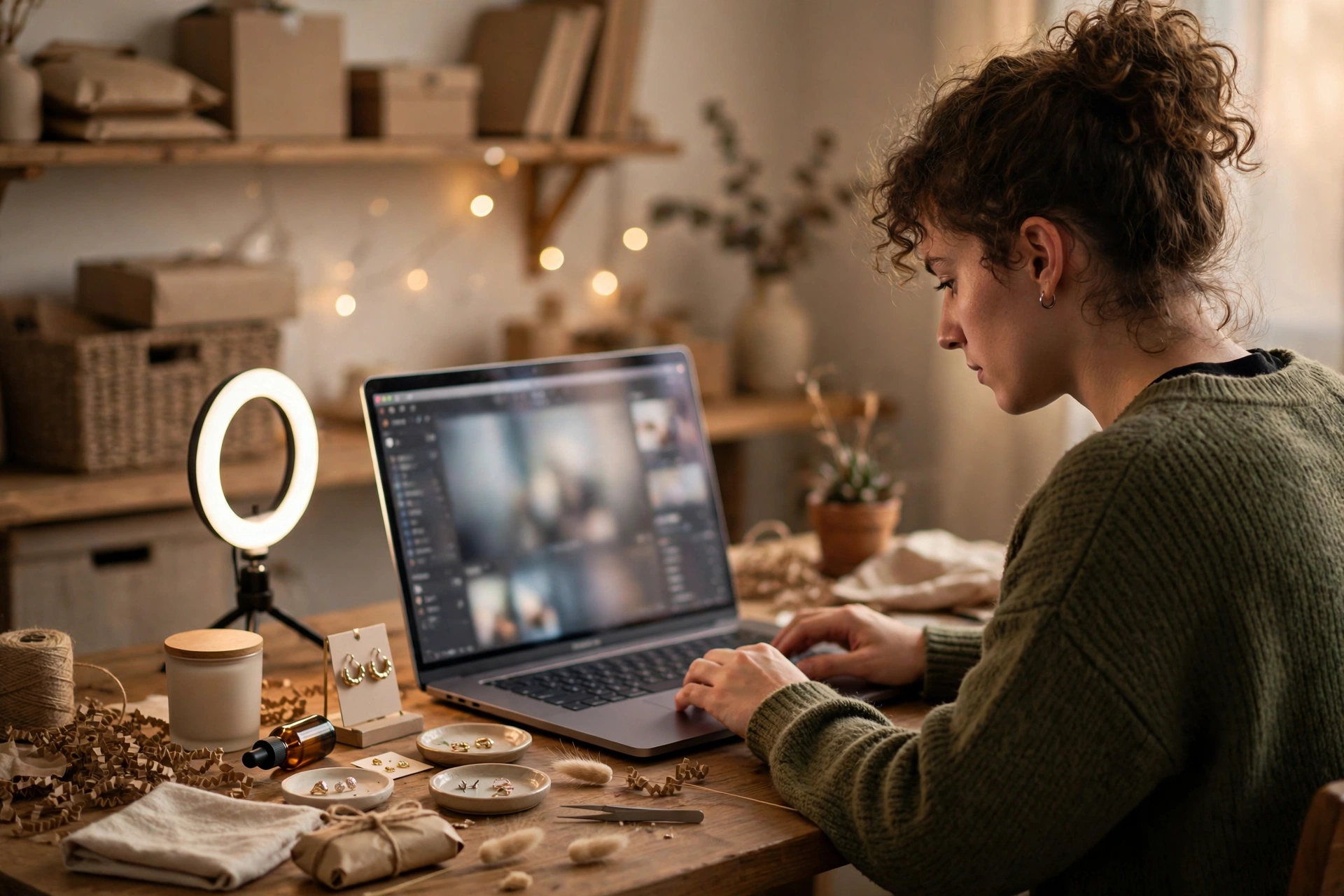 Online seller editing product photos with AI tools on laptop