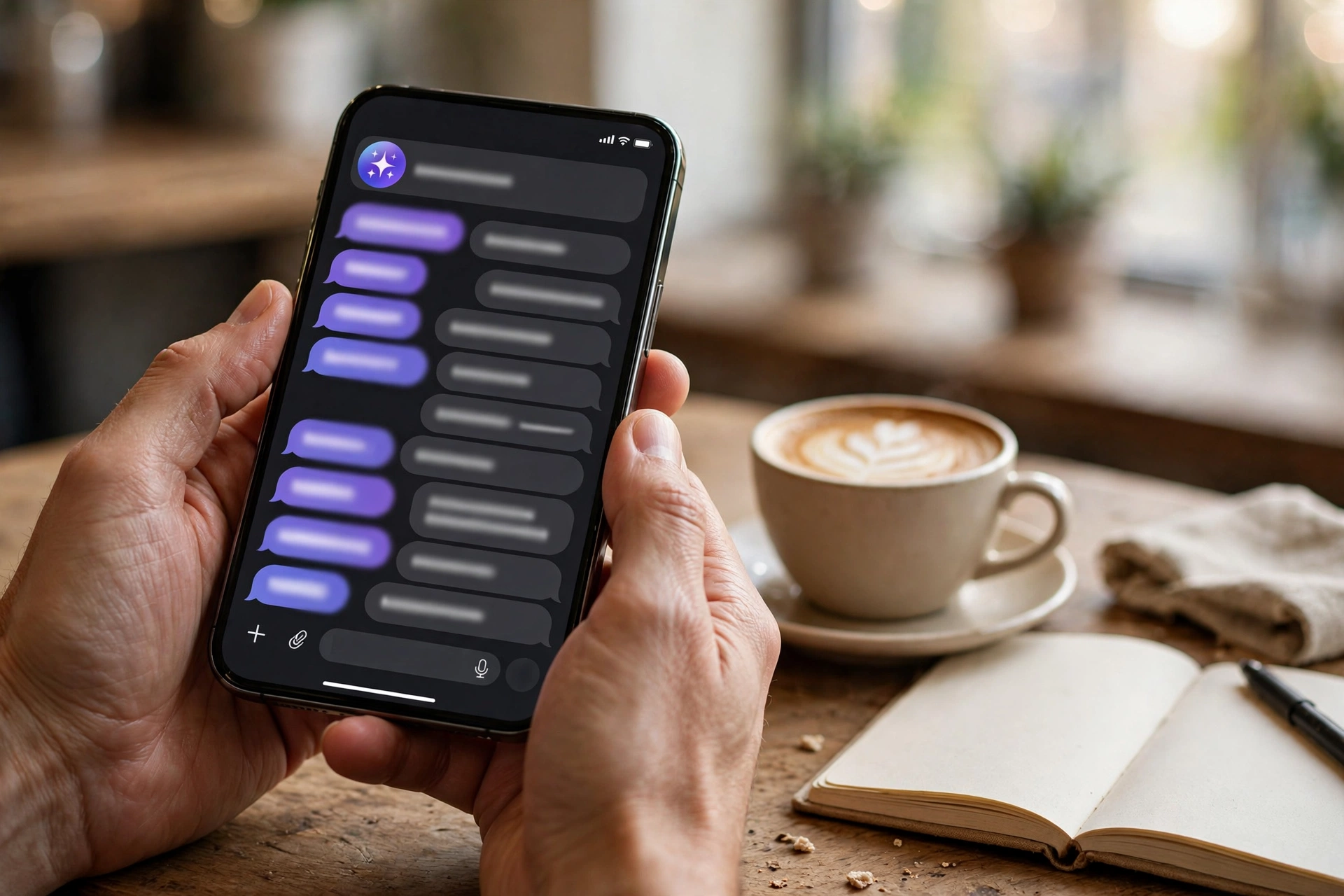 Person using an AI chat app on iPhone in a cafe