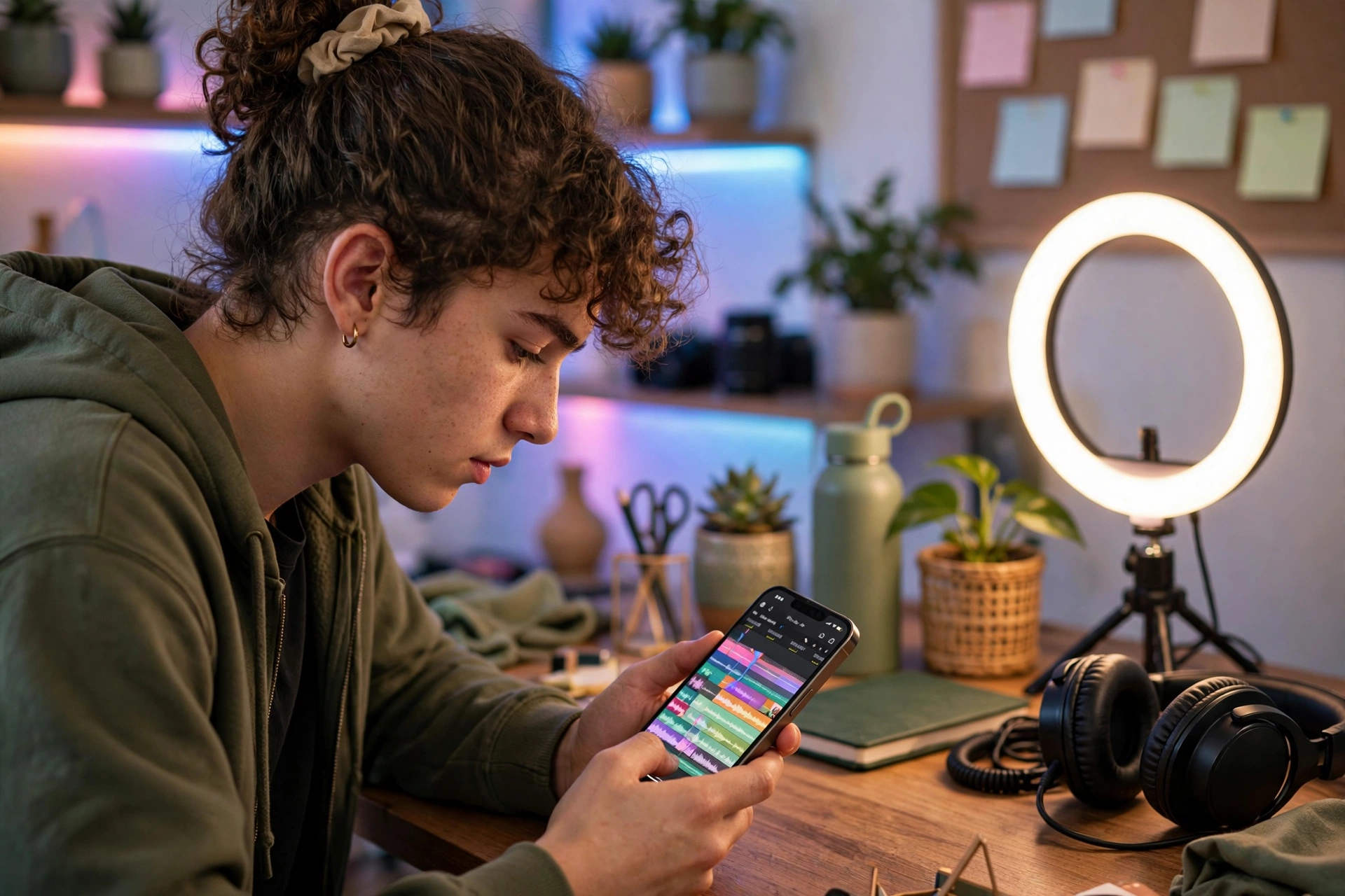 Creator editing video on iPhone in a home studio