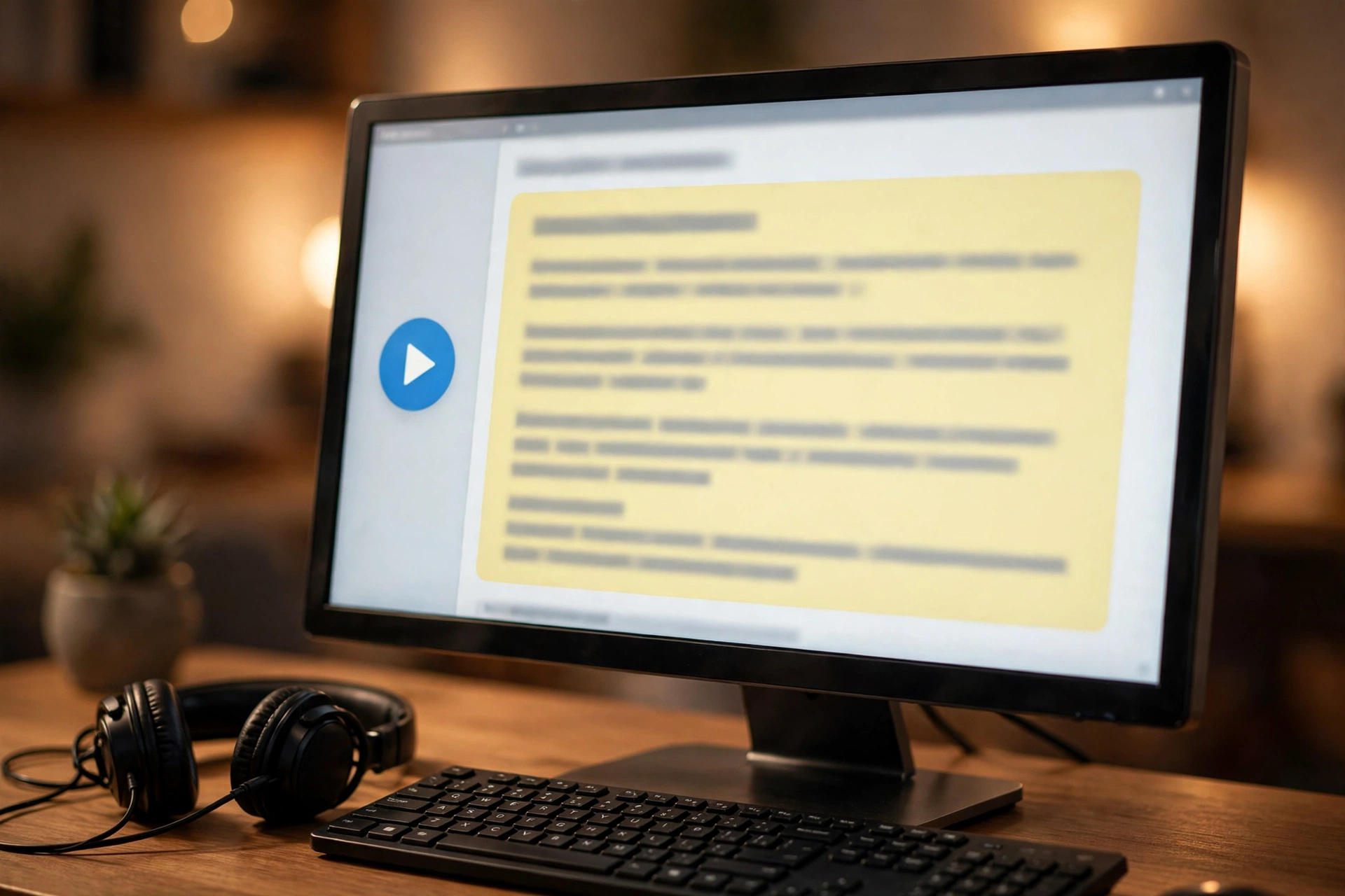 Monitor with highlighted paragraph and audio play button