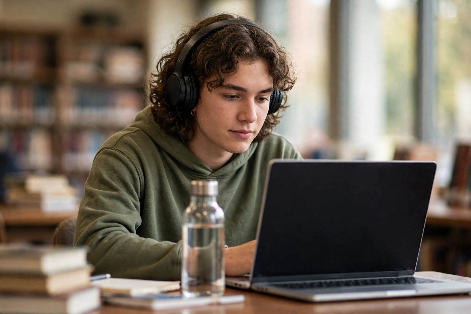 Student listening to an article with headphones in a library