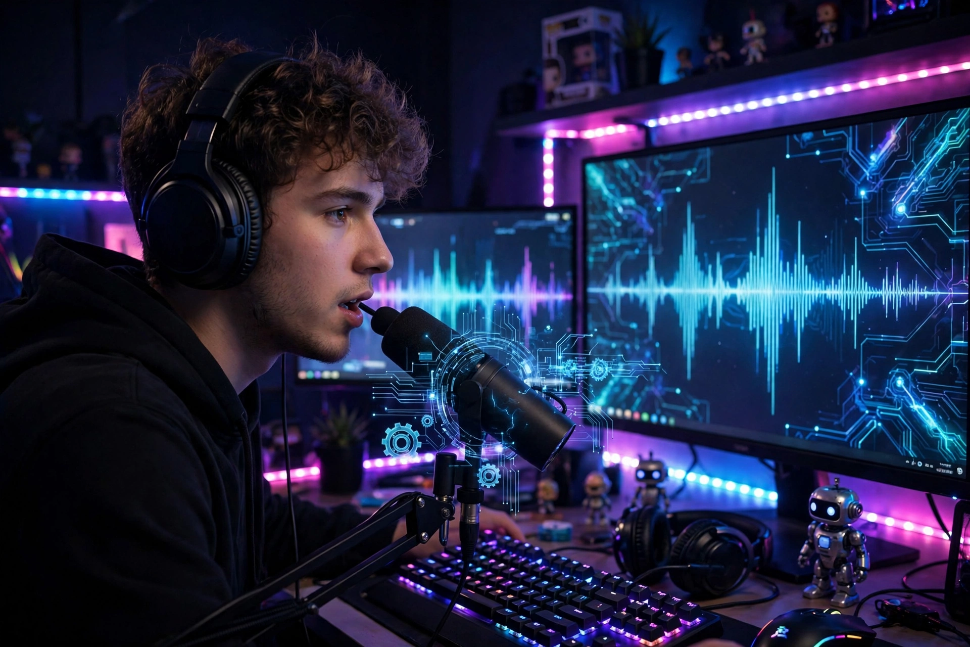 Gamer using a robot voice changer with a headset