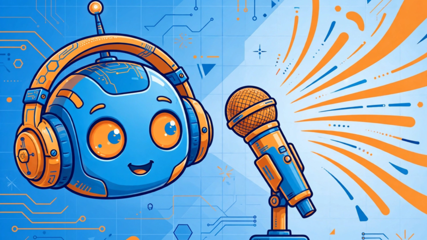 Robot voice text to speech generator with a friendly robot wearing headphones