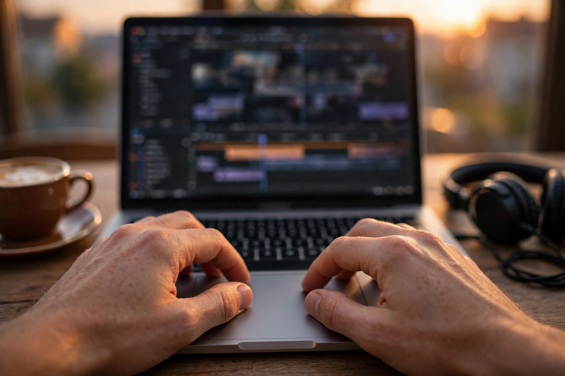 Hands trimming a video clip on a laptop timeline