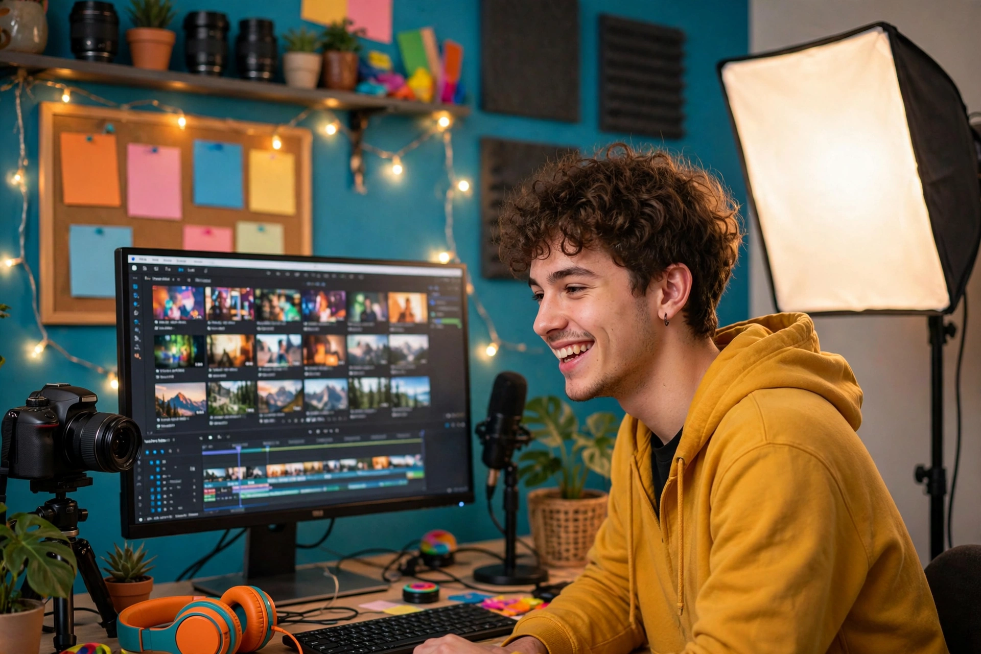 YouTuber reviewing a video edit in a home studio