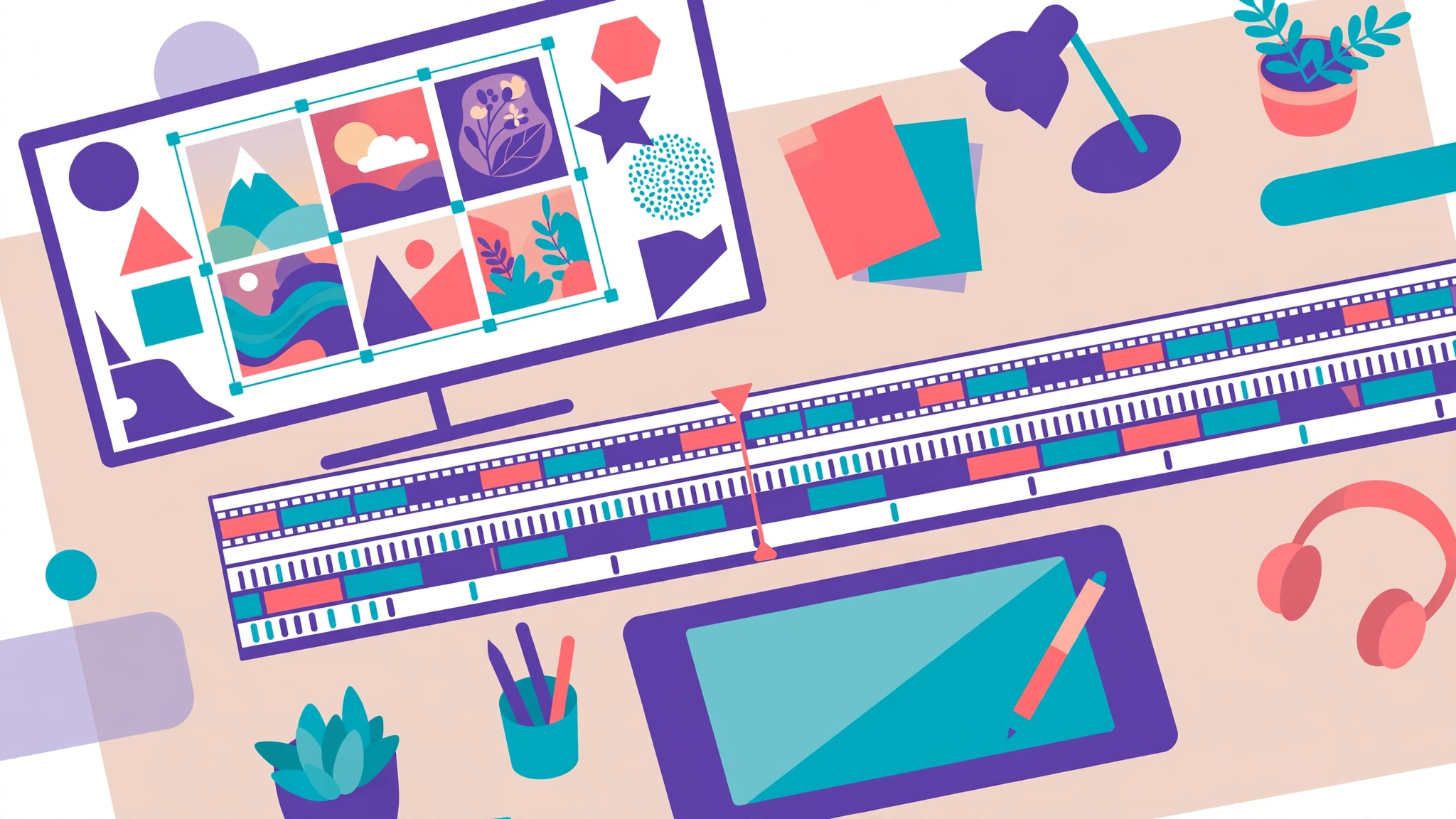 Creative workspace with design canvas and video editing timeline for creative AI tools