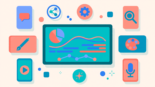Dashboard of the best AI tools with chat, search, writing, design, video and voice app icons on screens