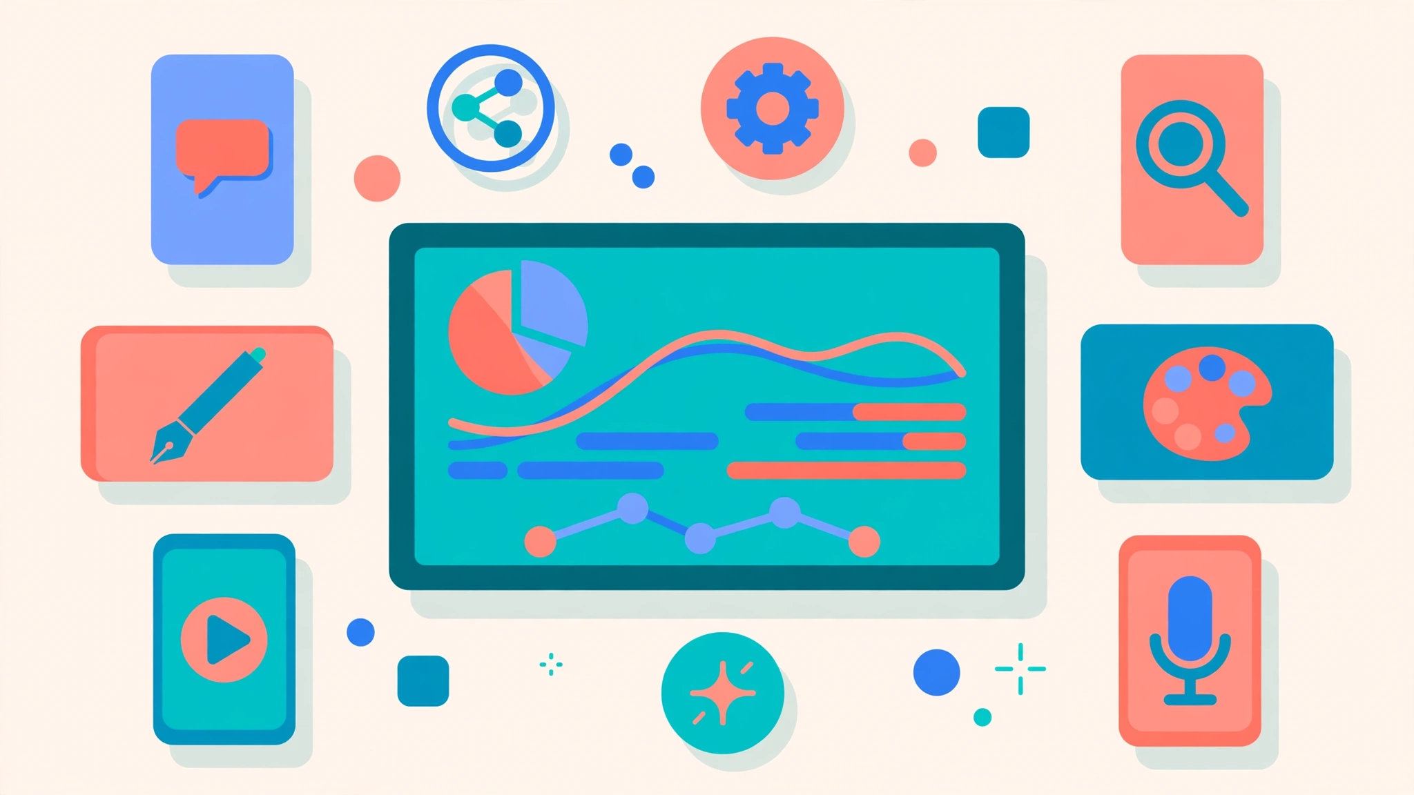 Dashboard of the best AI tools with chat, search, writing, design, video and voice app icons on screens