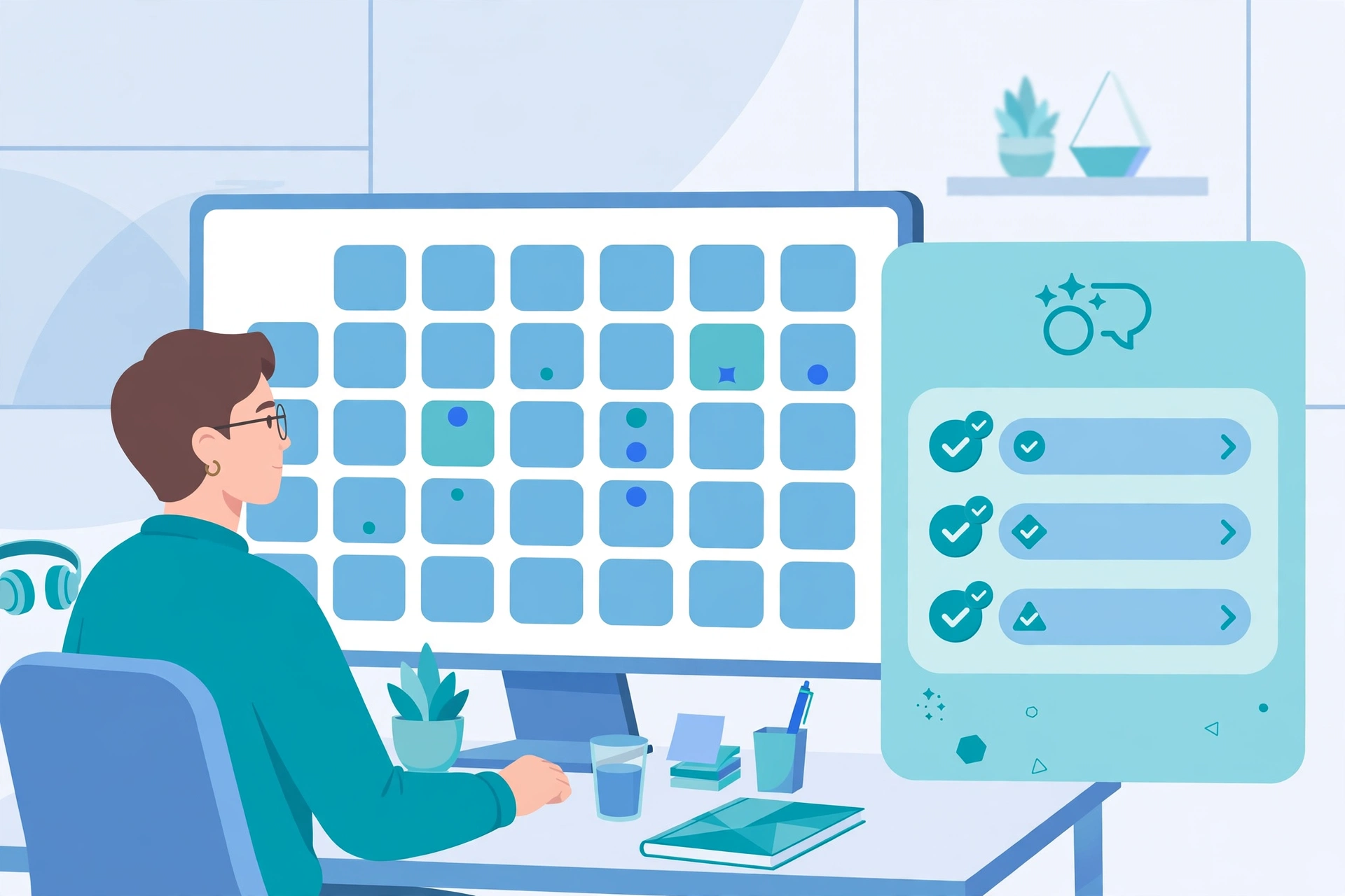 Professional using an AI assistant for productivity to schedule meetings on a smart calendar