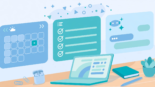 Digital workspace with a calendar, task list and an AI assistant for productivity panel on a laptop screen