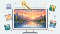 AI photo generator free tool creating a photo from a text prompt on a bright screen with a magic wand