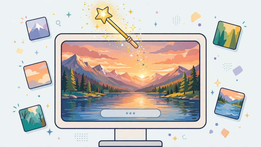 AI photo generator free tool creating a photo from a text prompt on a bright screen with a magic wand