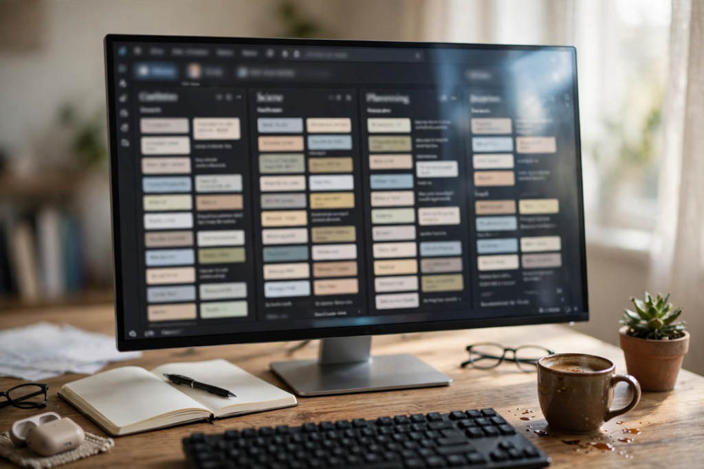 Writing software for authors showing a chapter and scene organization board on screen
