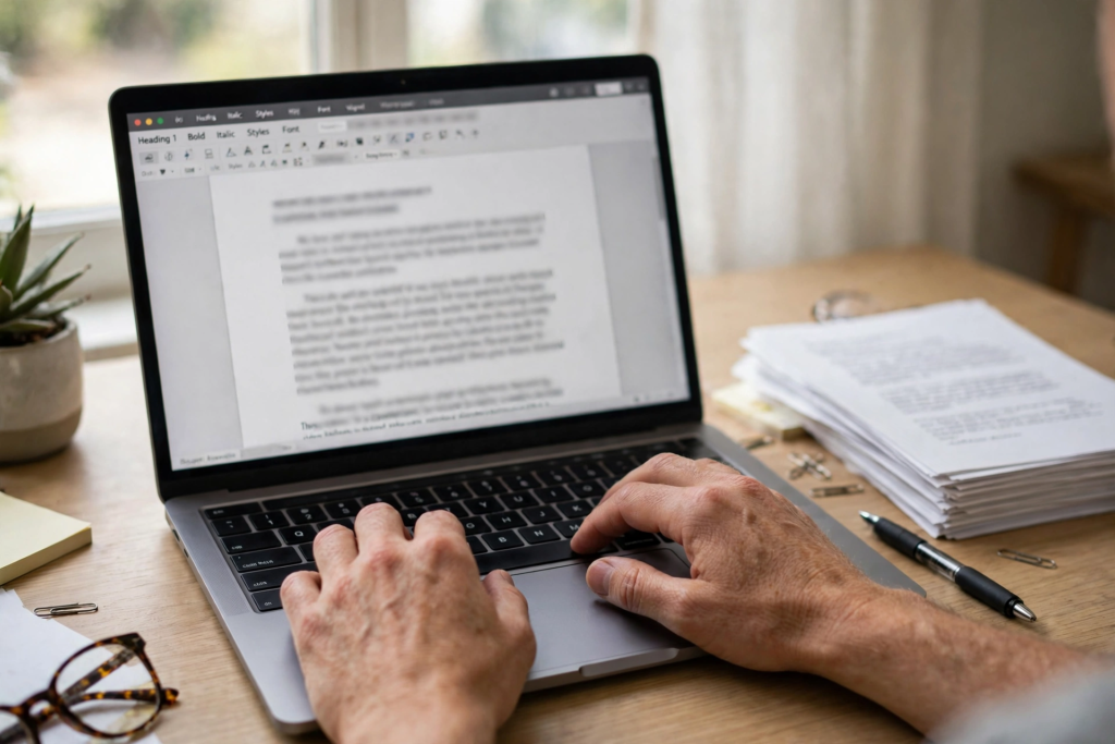 Author editing and formatting a finished manuscript with the best writing software for authors