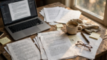 Best writing software for authors on a novelist desk with laptop, manuscript pages and coffee