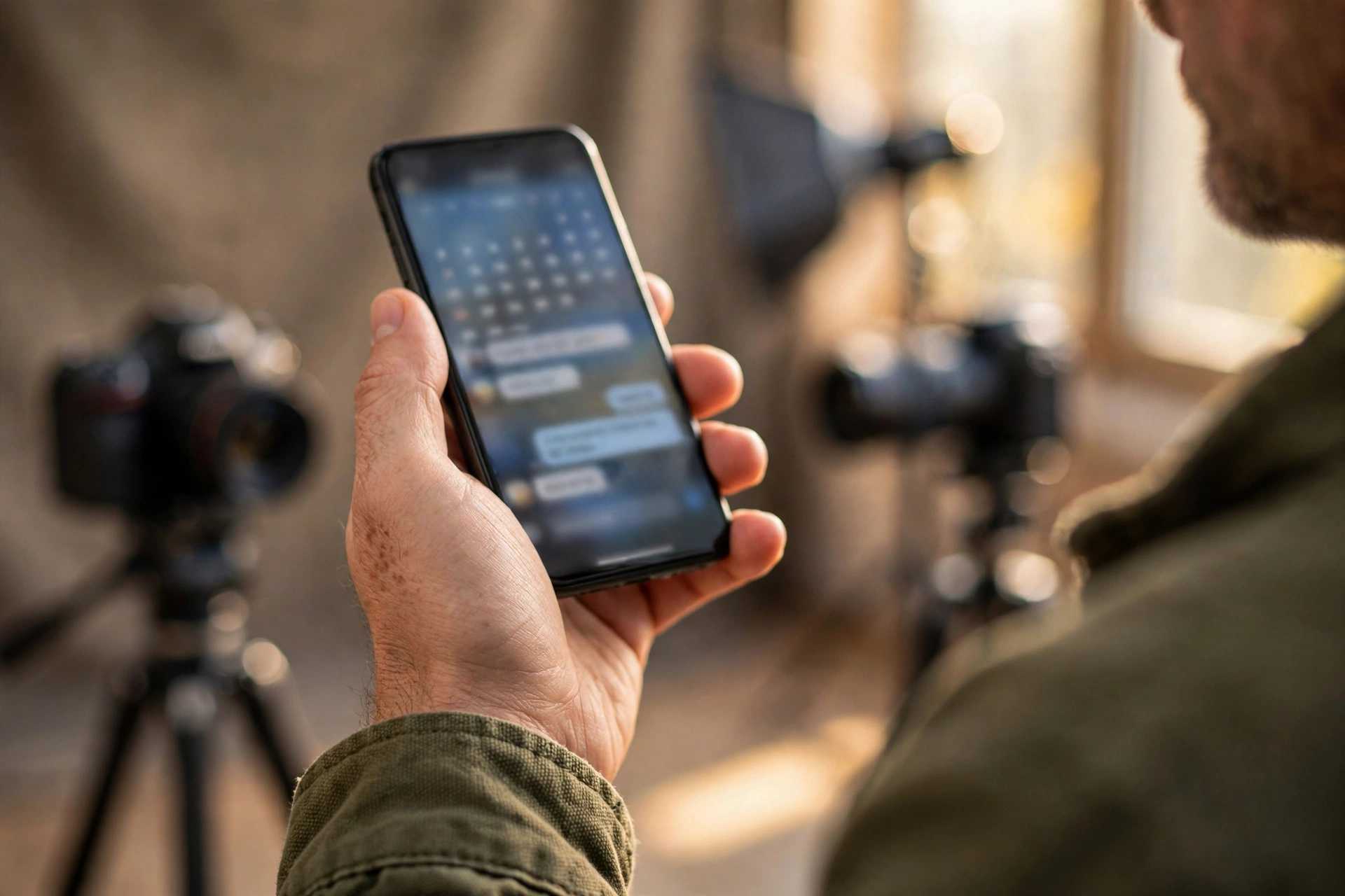 Photography business owner checking AI-managed bookings and client messages on a phone