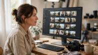 Photographer using AI tools to grow a photography business while reviewing edited photos on a monitor