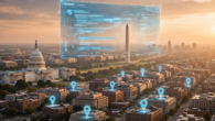 AI search marketing DC illustration with the Washington skyline, a glowing AI answer panel and location pins over local businesses