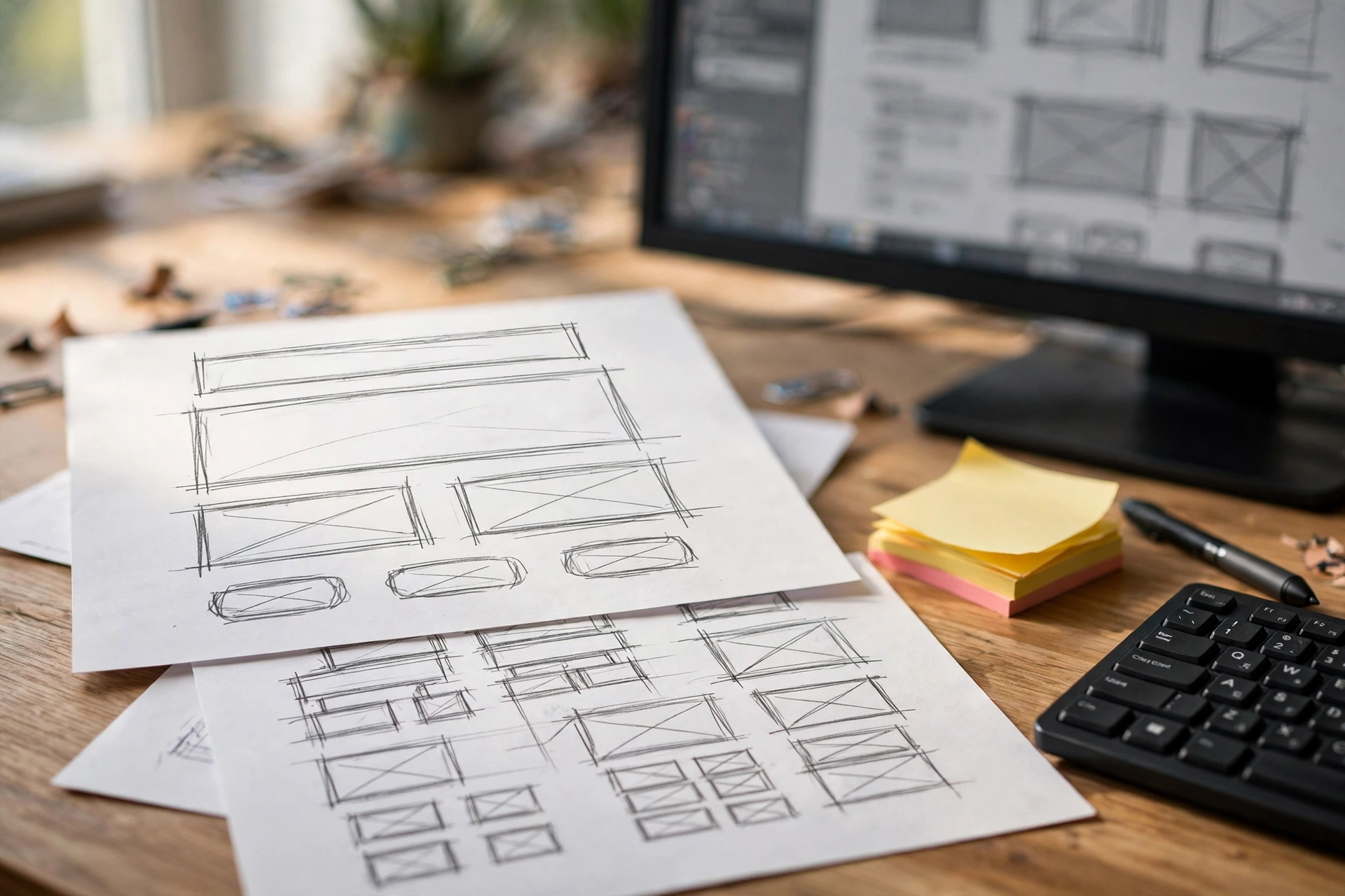 Wireframe sketches and layout blocks for an edtech ai startup website design homepage