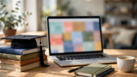 Edtech ai startup website design on a laptop showing an education platform homepage with books, charts and learning icons around it