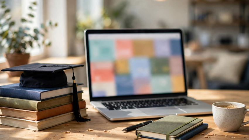 Edtech ai startup website design on a laptop showing an education platform homepage with books, charts and learning icons around it