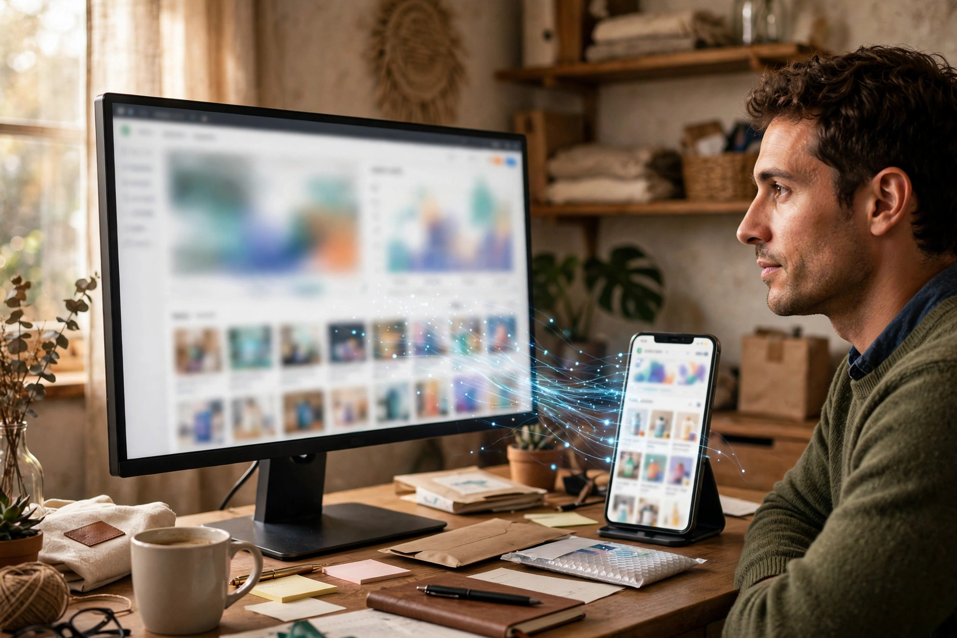 Store owner preparing product data and feeds on a dashboard so AI agents can buy through the agentic commerce journey