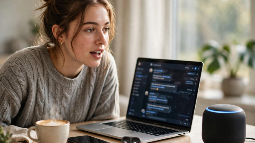 Woman using a voice assistant and AI chat at her desk, an everyday example of the different types of ai
