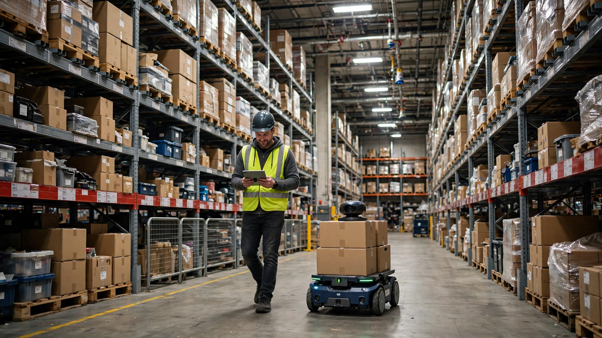 Warehouse worker beside an autonomous robot, showing the purpose of ai in automating repetitive work