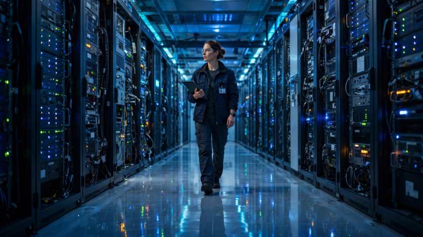 Engineer in a data center representing the 3 pillars of ai platform architecture