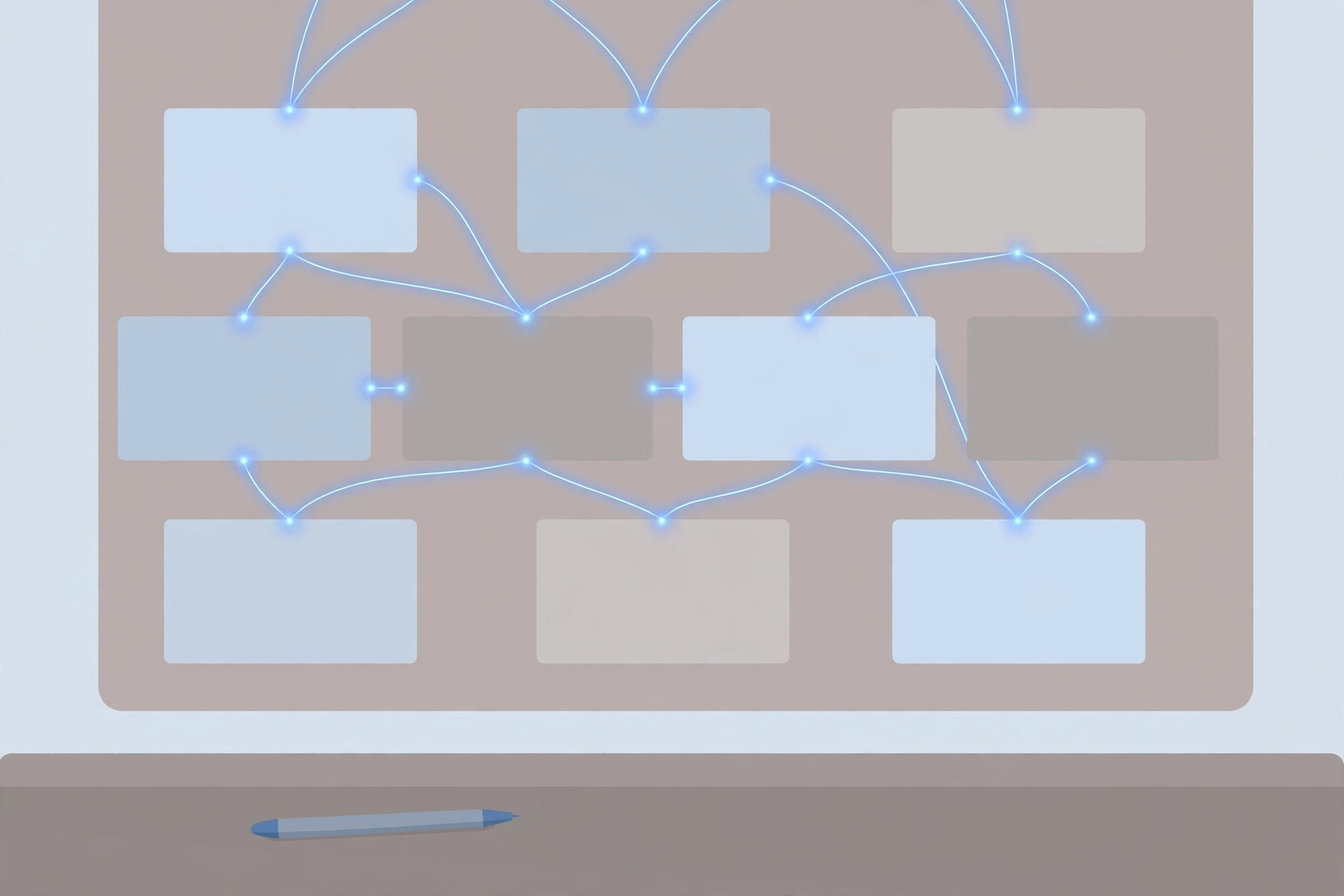 AI-assisted novel outline board with chapter cards connected by glowing lines