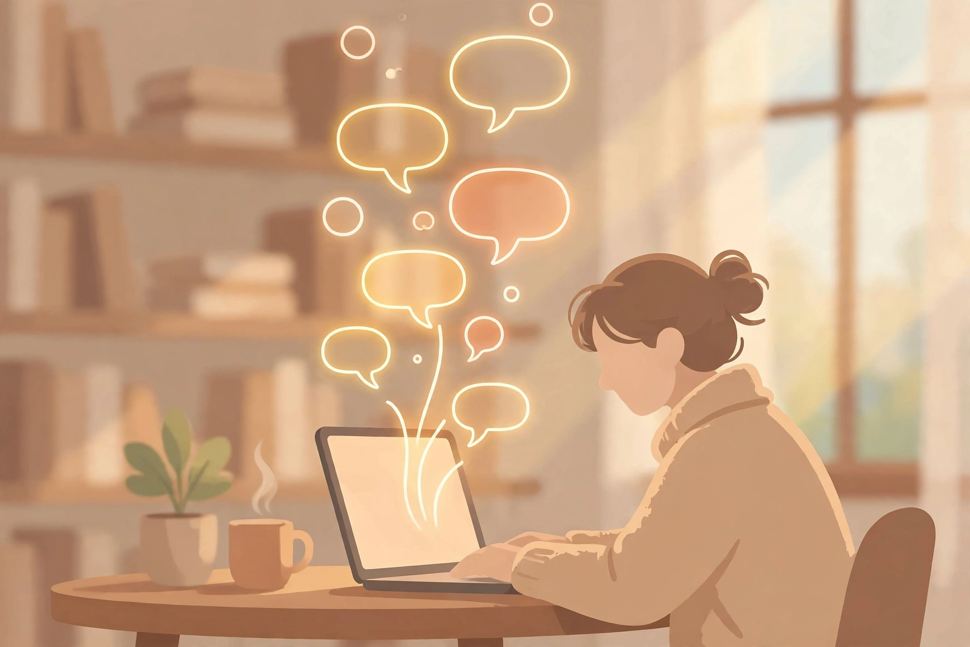 Author drafting dialogue on a laptop in a cozy library nook with glowing speech bubbles