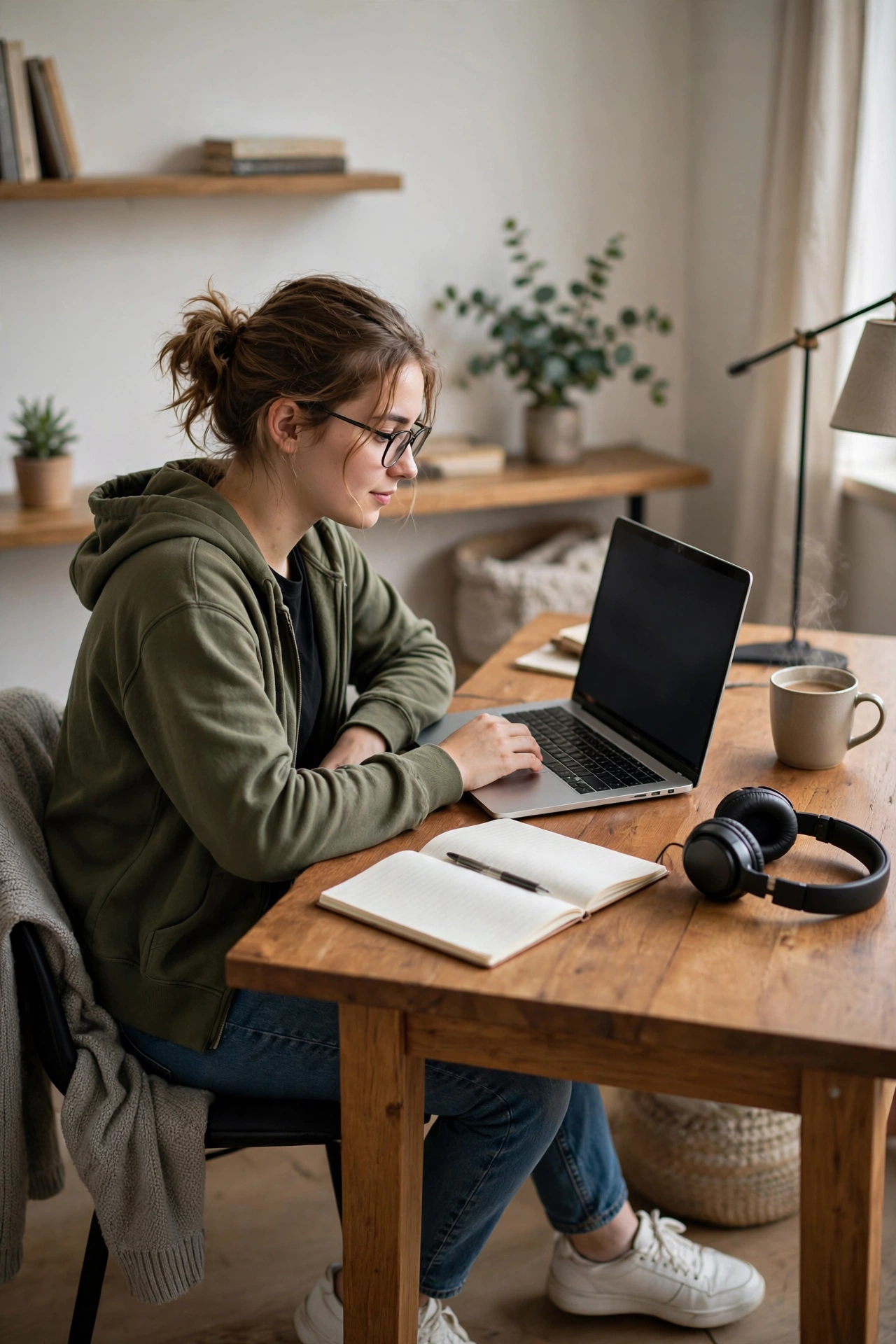 Cozy student coding setup with laptop, notebook, headphones and coffee on a desk