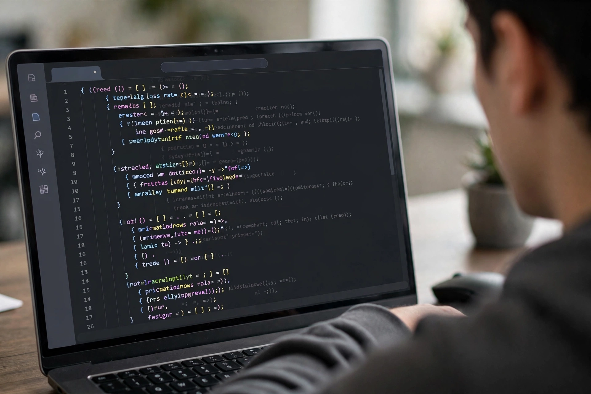 Code editor showing faint AI ghost-text code suggestions like VS Code
