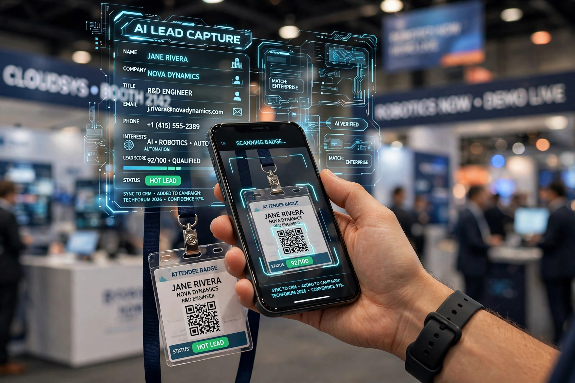 AI badge scanning app capturing trade show lead data on a smartphone