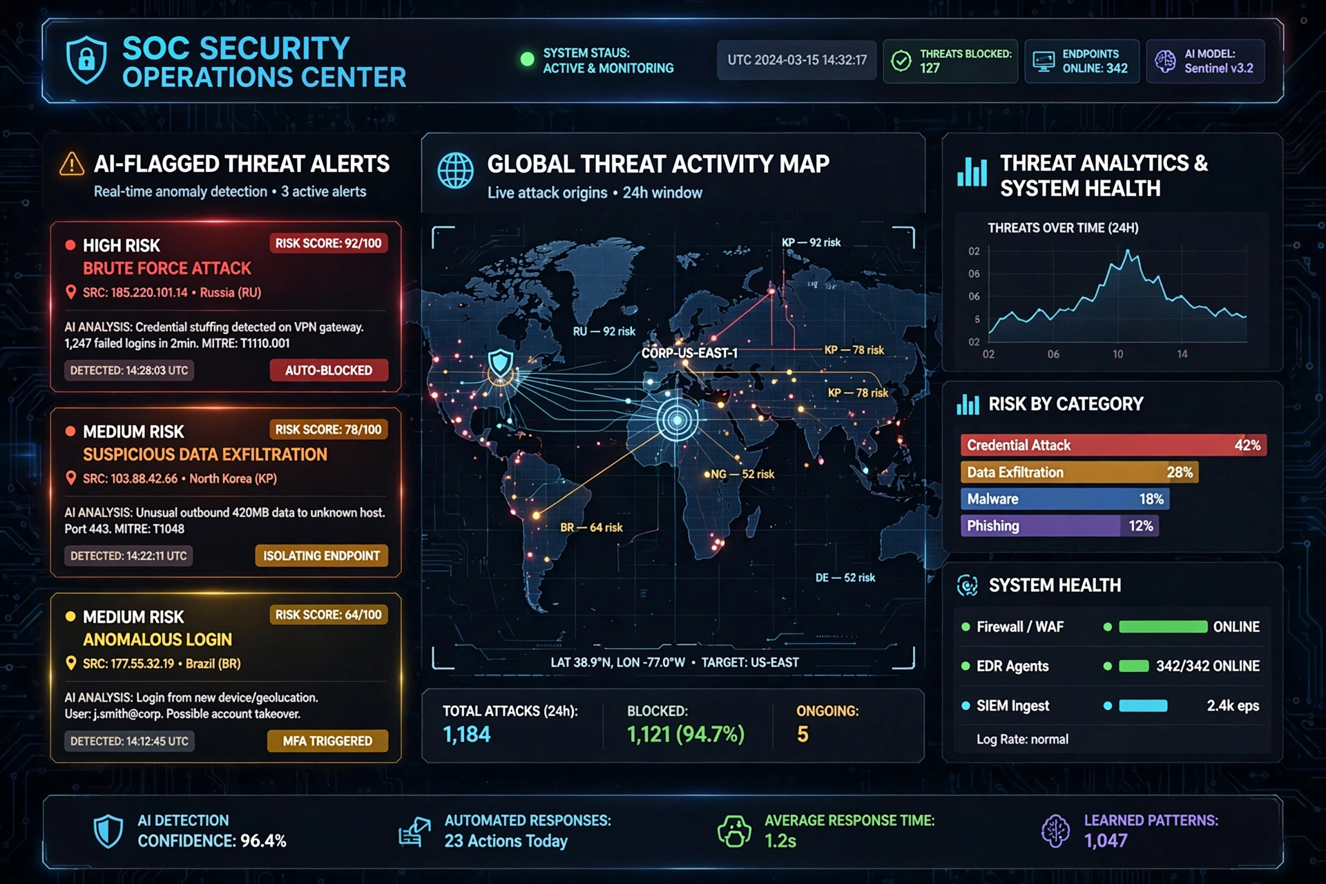 AI-powered SOC dashboard triaging cybersecurity threat alerts by risk score
