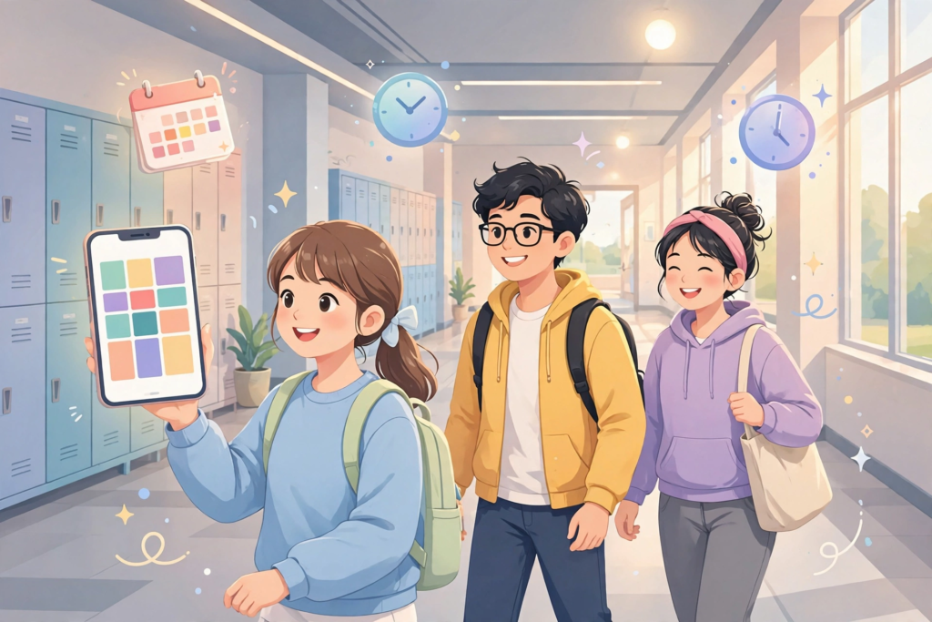 Students with AI-generated class timetable on smartphone
