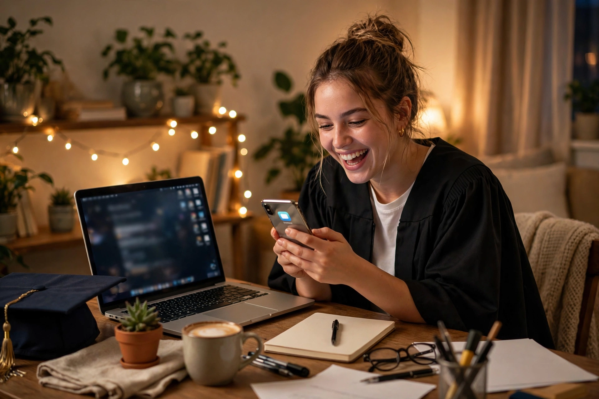 Fresh graduate celebrating a job interview email on a smartphone