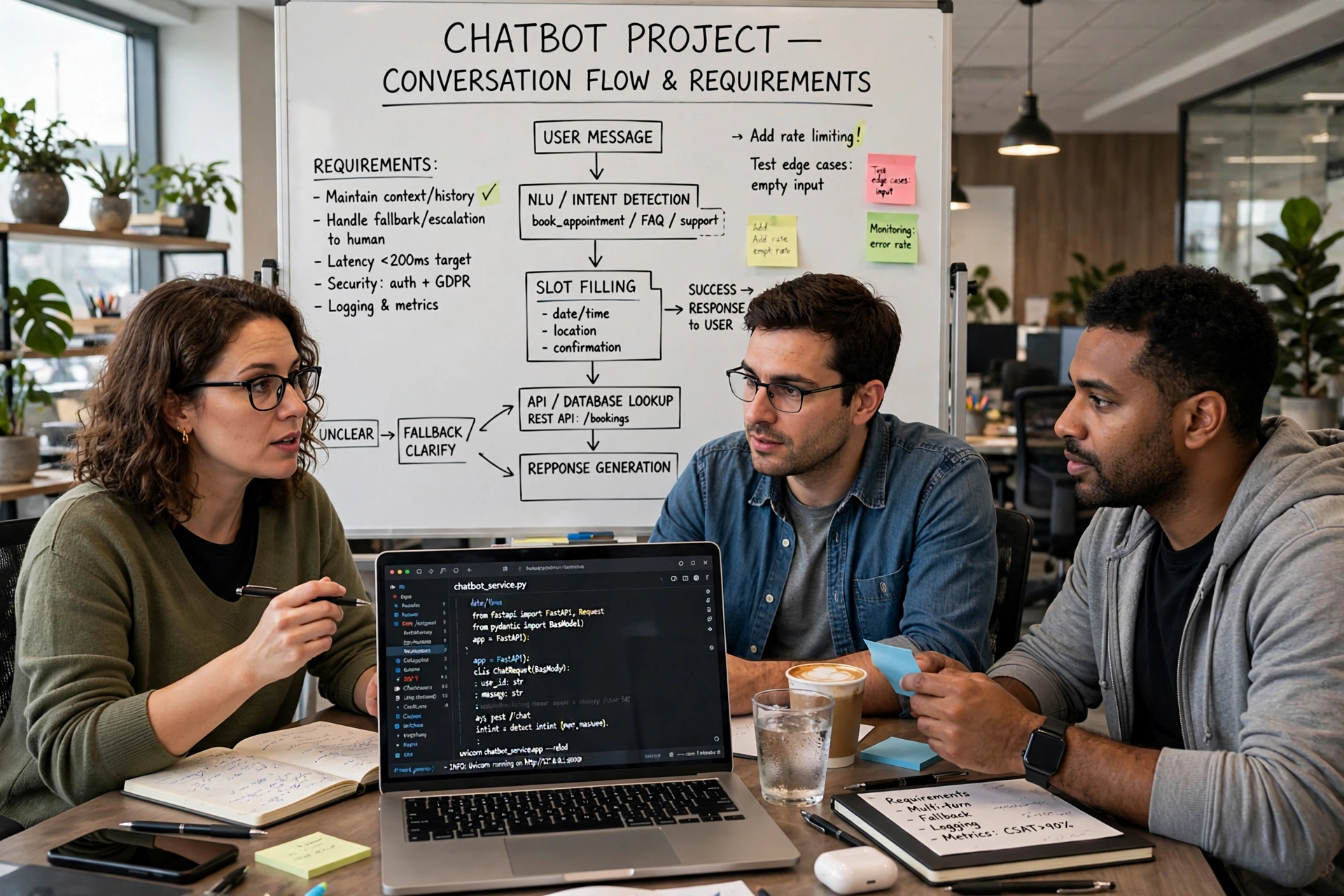 Team planning chatbot project with conversation sketches on whiteboard