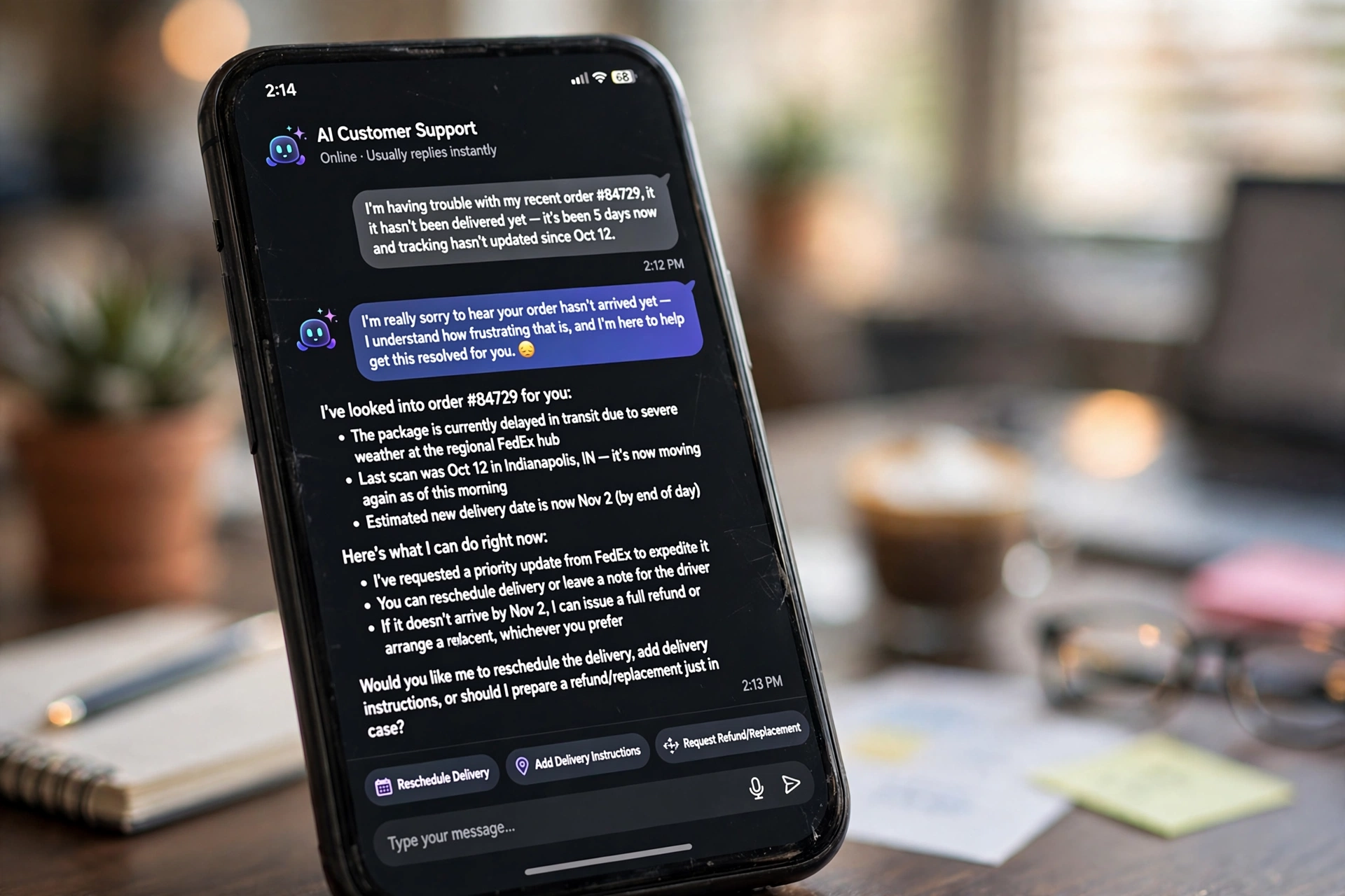 Smartphone showing AI chatbot customer support conversation