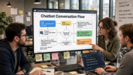 Developers building an AI chatbot with conversation flow on screen