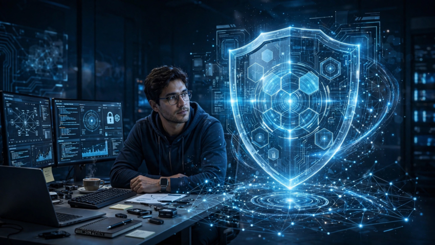Cybersecurity analyst working alongside AI threat detection tools