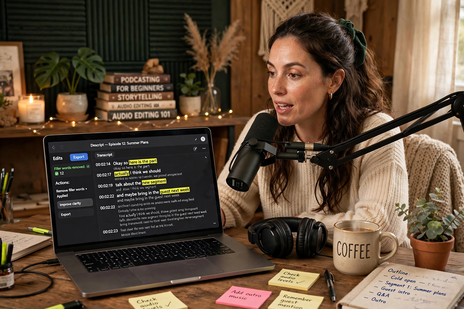 Podcaster recording with microphone while AI editing software shows transcript