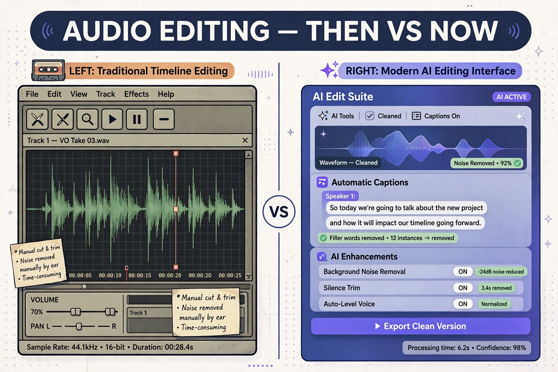 Comparison of traditional waveform editing versus AI text-based audio editing